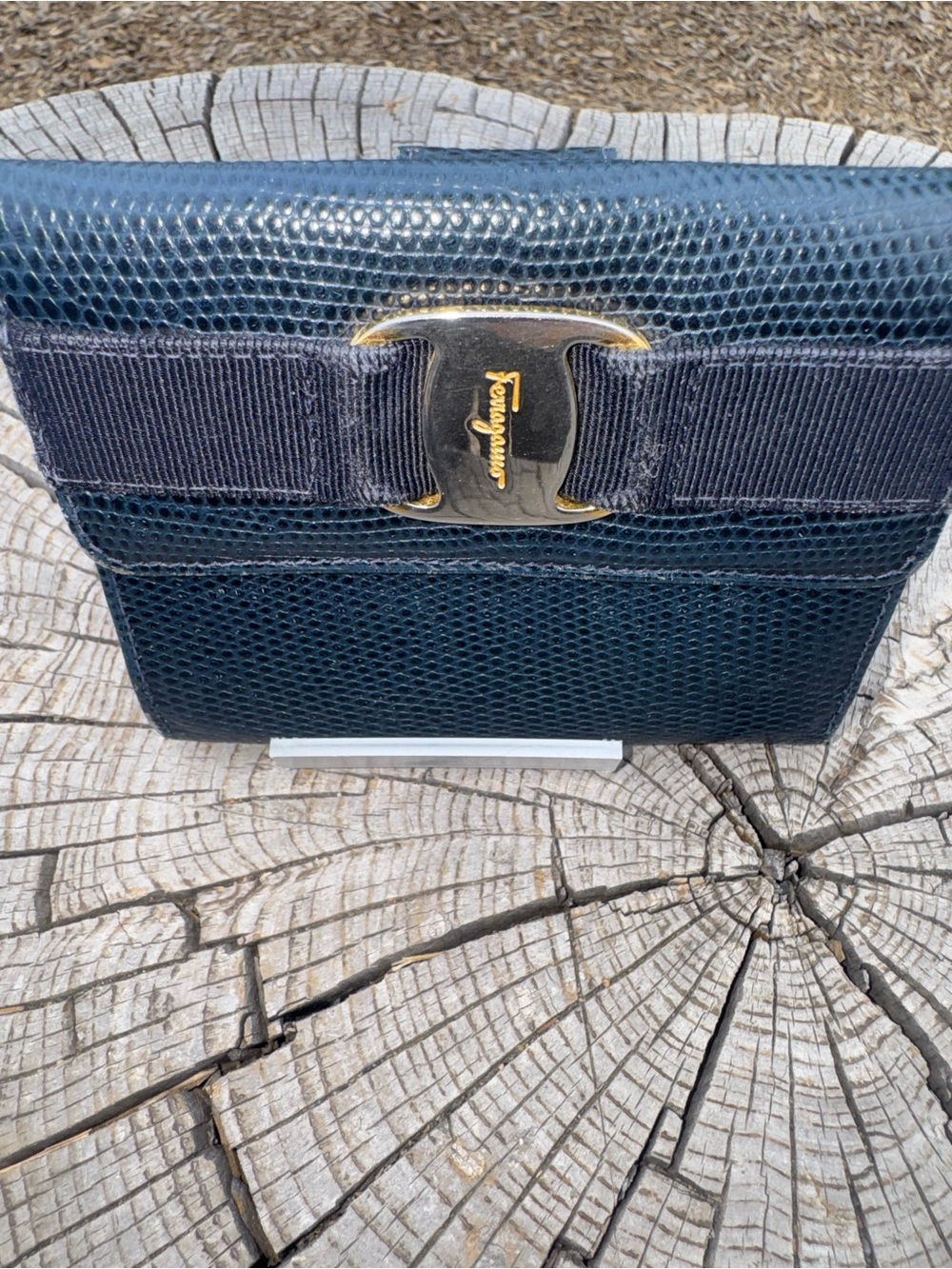 Salvatore Ferragamo Dark Blue Vara Bow Lizard-Embossed Leather wallet